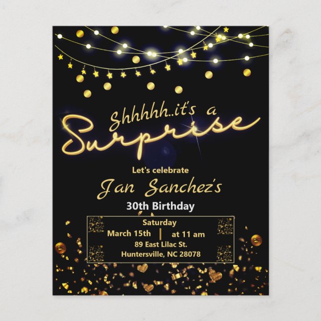 Flyer Convite de orçamento para surpresa em preto e ouro (Frente)