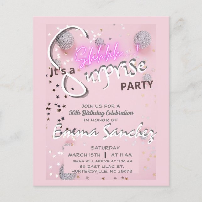 Flyer Convite de orçamento surpresa rosa e cinza QR rsvp (Frente)
