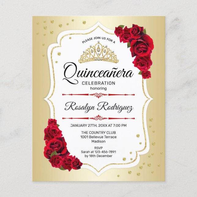 Flyer Convite de Quinceanera de orçamento - Dourado Bran (Frente)