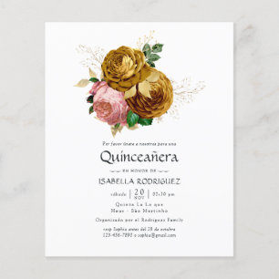 Flyer Convite de Quinceañera Floral Bege e Dourado Vinta