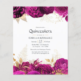 Flyer Convite de Quinceañera Floral Rosa-Claro e Dourado
