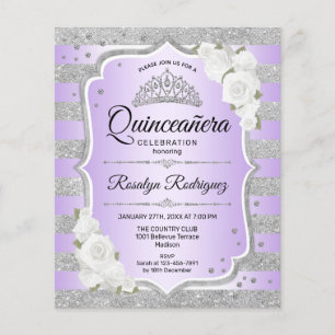 Flyer Convite de Quinceanera Prata com detalhes em Roxo