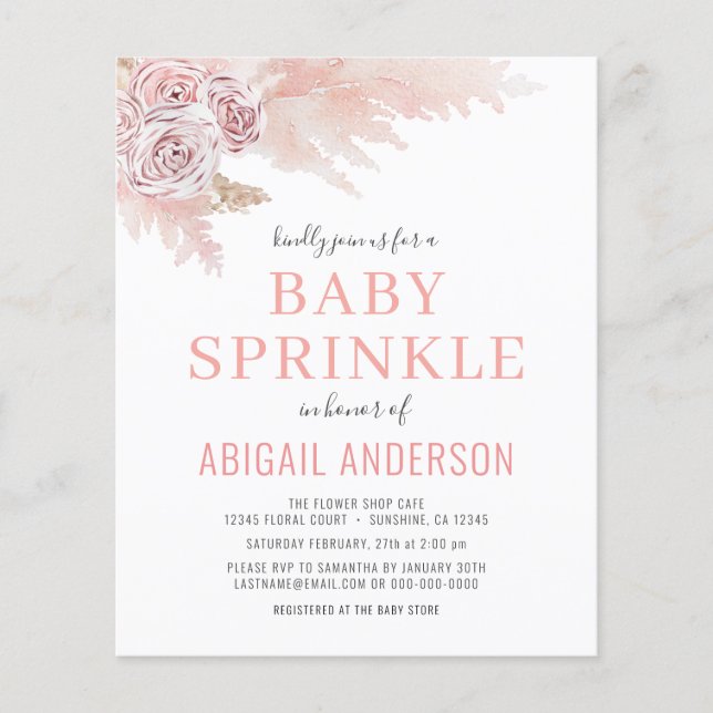 Flyer Convite de Sprinkle de Bebê de Grama de Pampas Boh (Frente)