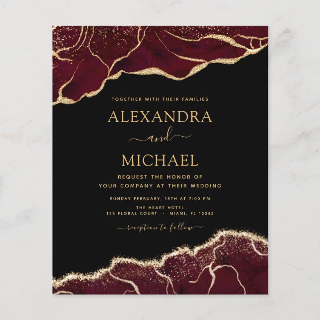 Flyer Convite Dourado para Casamento de Agata Burgundy (Frente)