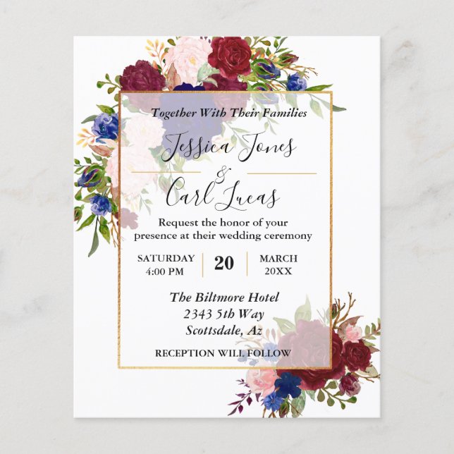 Flyer Convite Dourado para Casamento de Frame Dourado da (Frente)