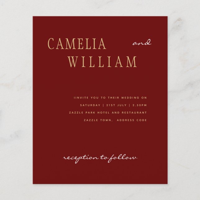 Flyer CONVITE Dourado para Casamento Moderno Burgundy BU (Frente)