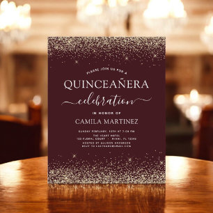 Flyer Convite Dourado para Quinceanera Burgundy