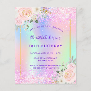 Flyer Convite floral brilhante rosa roxo de aniversário