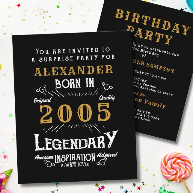 Flyer Convite Legenda Orçamento 2005 Aniversário de 21 a (2005 birthday invitation budget flyer. White background.)