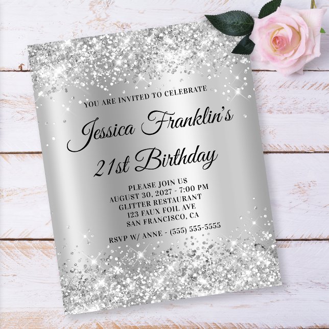 Flyer Convite Ombre de Brilho Prateado para Aniversário  (Criador carregado)