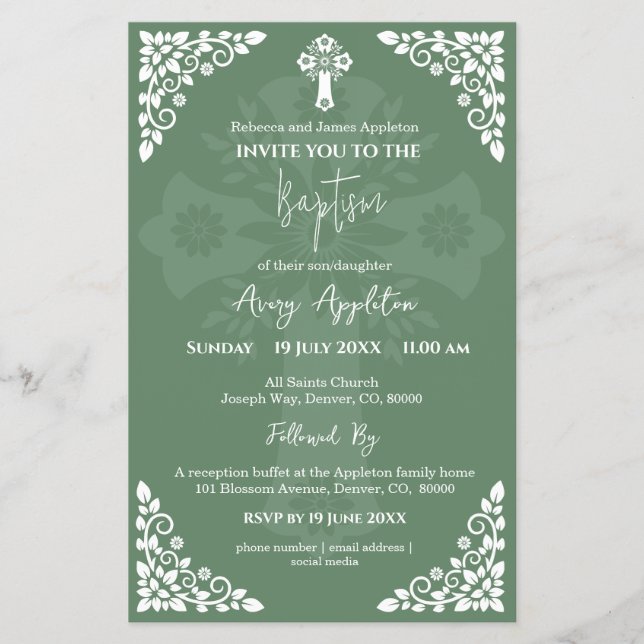 Flyer Convite Orçamental Cruz Floral Baptism Fern Green (Frente)