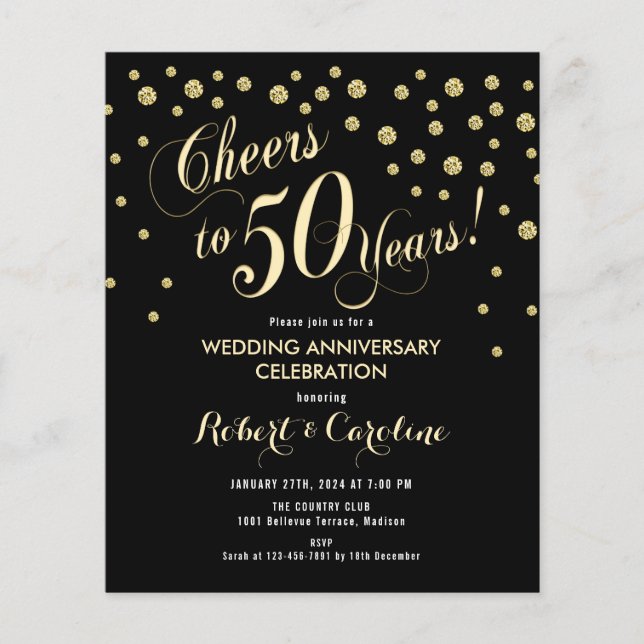 Flyer Convite para 50 anos no orçamento - Black & Gol (Frente)