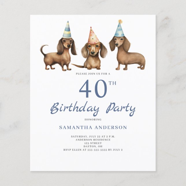 Flyer Convite para aniversário de 40 anos de Dachshund D (Frente)