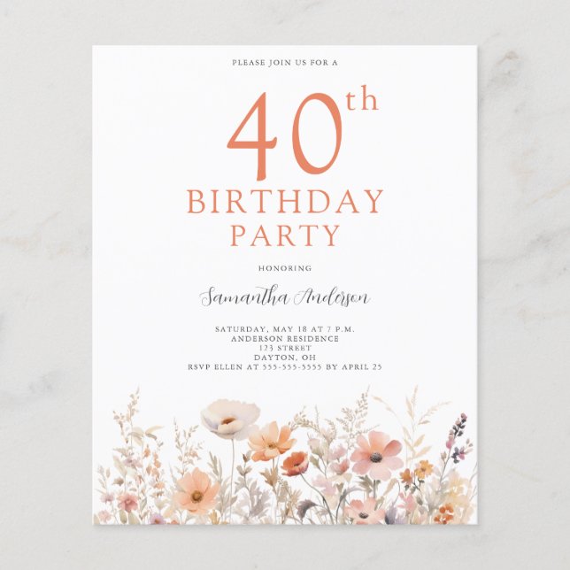 Flyer Convite para aniversário de 40 anos Floral de Pêss (Frente)