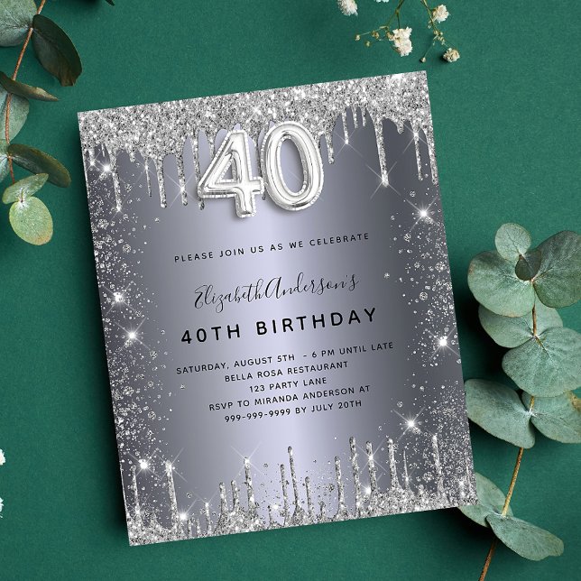 Flyer convite para aniversário de 40 anos prata com bril (Criador carregado)