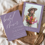 Flyer Convite para Boho Roxo do Chá de panela de Orçamen<br><div class="desc">Chá de panela Elegante e Moderno Minimalista de Orçamento com Foto no outono de 2010,  Inverno,  Primavera ou Convites de Verão - inclui uma bela e elegante tipografia de roteiro para a celebração especial da Noiva Ser antes do casamento.</div>
