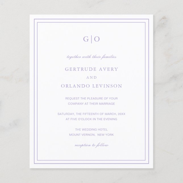Flyer Convite para Casamento de Orçamento Elegante Lilac (Frente)