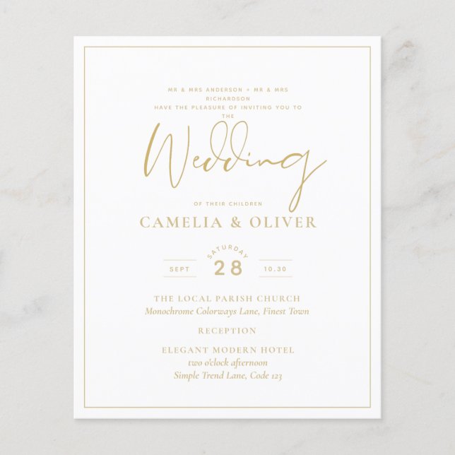 Flyer Convite para Casamento Elegante Branco Dourado de  (Frente)