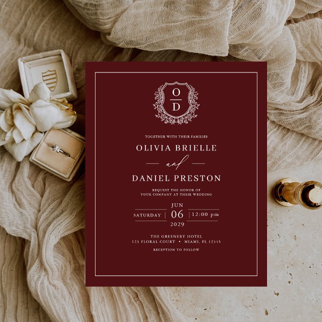 Flyer Convite para Casamento Elegante de Crest Burgundy  (Criador carregado)