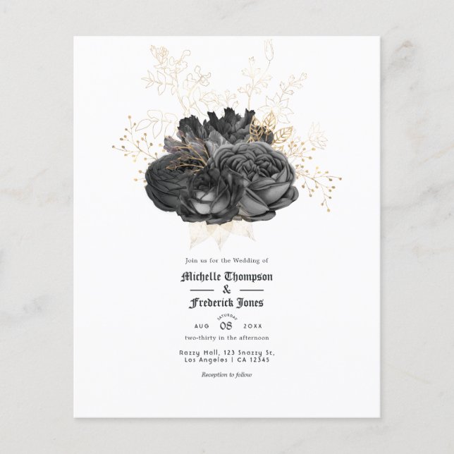 Flyer Convite para Casamento Floral Dourado e Preto Vint (Frente)