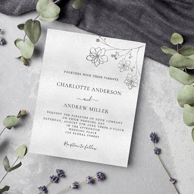 Flyer Convite para casamento floral elegante de prata (Criador carregado)