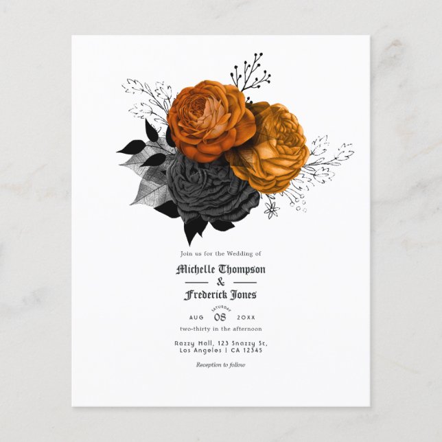Flyer Convite para Casamento Gótico Floral Negro e Laran (Frente)