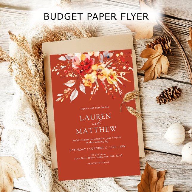 Flyer Convite para Casamento outono Laranja de Feira de  (Elegant floral rust orange fall wedding budget flyer invitation. Get a professional look for less!)