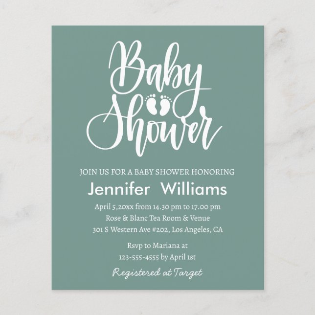 Flyer convite para chá de fraldas branco verde minimalis (Frente)