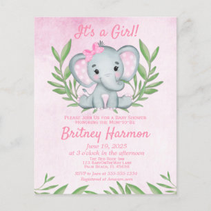 Flyer Convite para Chá de fraldas de Elefante Rosa de O