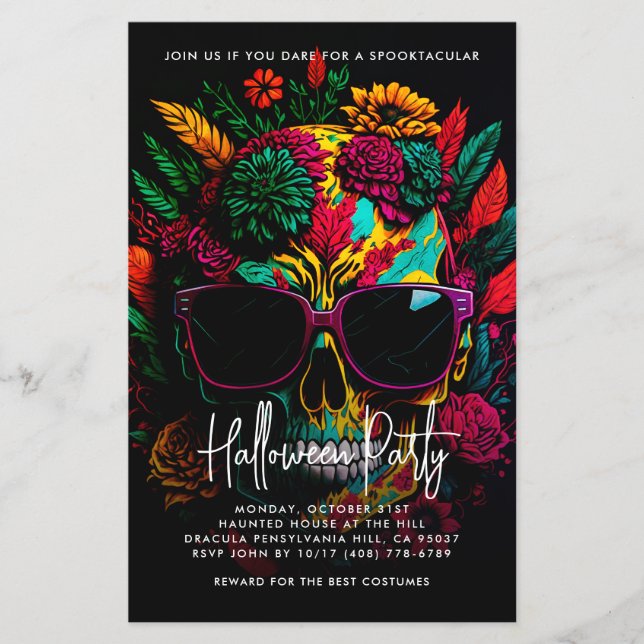 Flyer Convite para Festas de Halloween Tropicais Florais (Frente)
