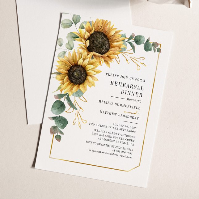 Flyer Convite para Janto de ensaio Eucalyptus de girasso (Sunflower Euacalyptus Floral Watercolor Wedding Rehearsal Dinner Invitation)
