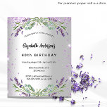 Flyer Convite para o orçamento de lavanda de aniversário<br><div class="desc">Por favor, note que este convite está no papel de folheto e é muito fino. Os envelopes não estão incluídos. Para convites mais espessos (mesmo design) visite nossa loja. Um fundo de aparência pura prateada com brilho violeta, faíscas, flores de lavanda, flores e verde de eucalipto. Personalize e adicione seu...</div>