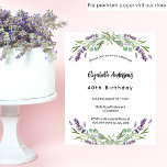 Flyer Convite para orçamento de lavanda de aniversário d<br><div class="desc">Por favor, note que este convite está no papel de folheto e é muito fino. Os envelopes não estão incluídos. Para convites mais espessos (mesmo design) visite nossa loja. Um convite clássico para uma festa de aniversário de 40º (ou qualquer idade). Decorado com flores de lavanda e verde de eucalipto....</div>