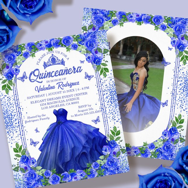 Flyer Convite para Quinceanera Floral Real Azul (Budget Blue Floral Quinceanera Invitation Flyer)