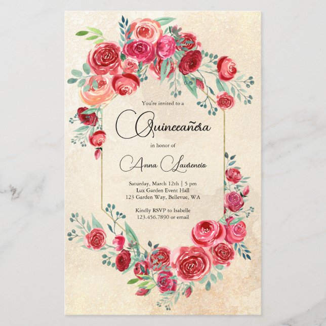 Flyer Convite para Quinceanera para Rosas vermelhas de A (Frente)