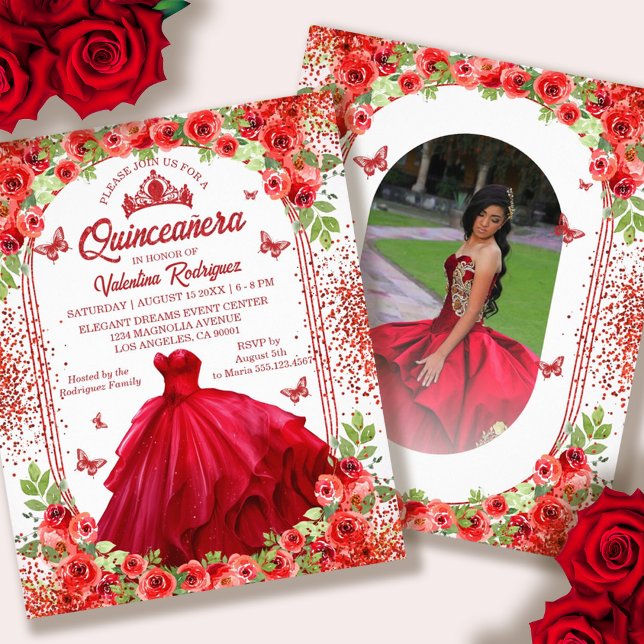 Flyer Convite para Quinceanera Red Floral (Budget Red Floral Quinceanera Invitation Flyer)