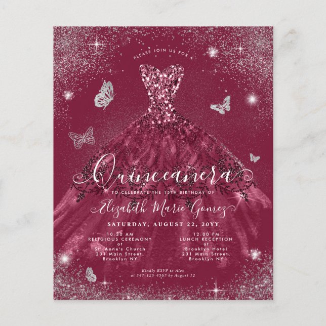 Flyer Convite para Quinceanera Red Silver Burgundy Barat (Frente)