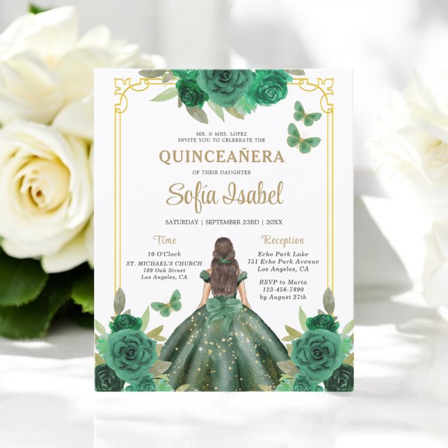 Flyer Convite para Quinceanera Verde de Esmeralda Floral (Criador carregado)