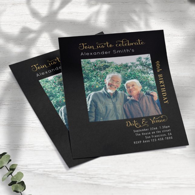 Flyer Convite Preto para Aniversário de 90 anos com Orça (Criador carregado)