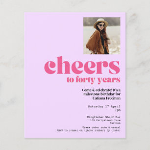 Flyer Convite, Roxo e Rosa Retro, Aniversário de 40 anos