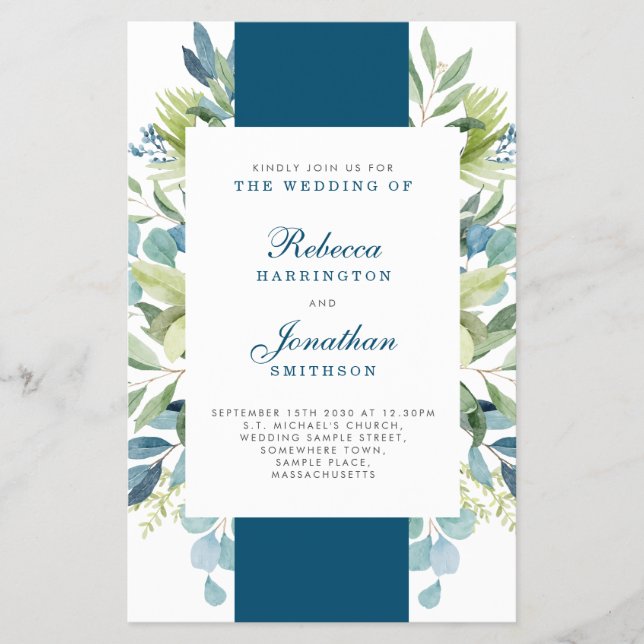 Flyer Convite RSVP de Casamento Azul de Folhagem de Orça (Frente)