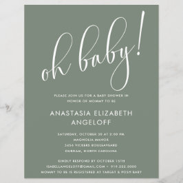 Flyer Convite Verde de Sage do Chá de fraldas Modern Scr