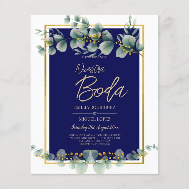 Flyer Convites De Boda Elegantes Marinho Azul Dourado (Frente)