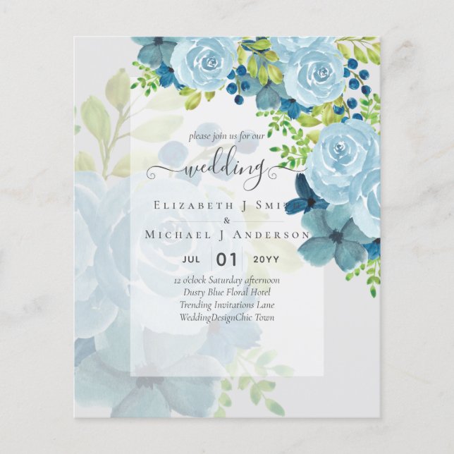 FLYER CONVITES DE CASAMENTO DE FLORES AZUIS DUSTY - ORÇA (Frente)
