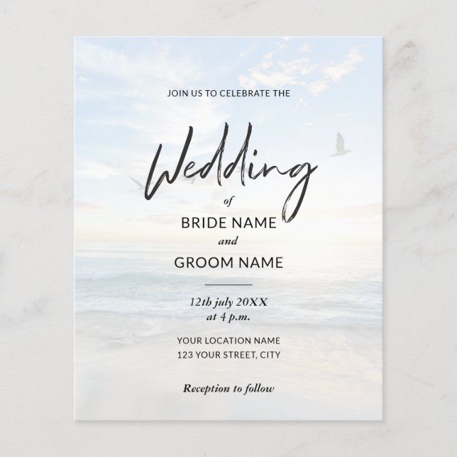 Flyer Convites de Casamento Elegantes com Foto da Praia  (Frente)
