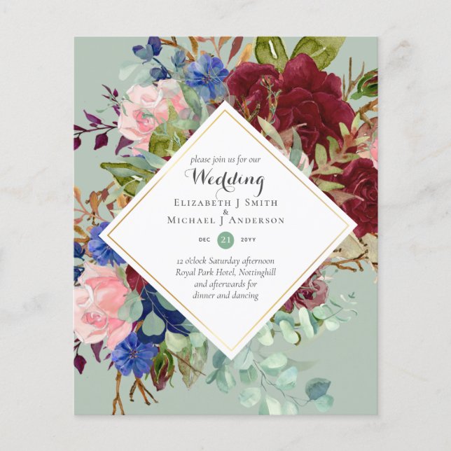 Flyer Convites de Casamento Florais Azul Marinho Borgonh (Frente)