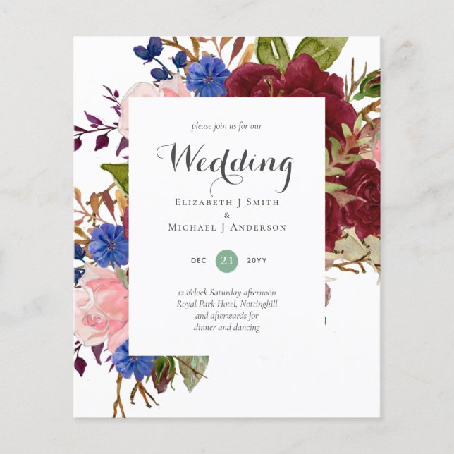 Flyer Convites de Casamento Florais Azul Marinho Borgonh (Frente)