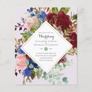 Flyer Convites de Casamento Florais Burgundy Navy ECONÔM