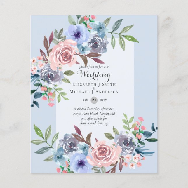 Flyer Convites de Casamento Flores Rosa Azul ORÇAMENTO (Frente)