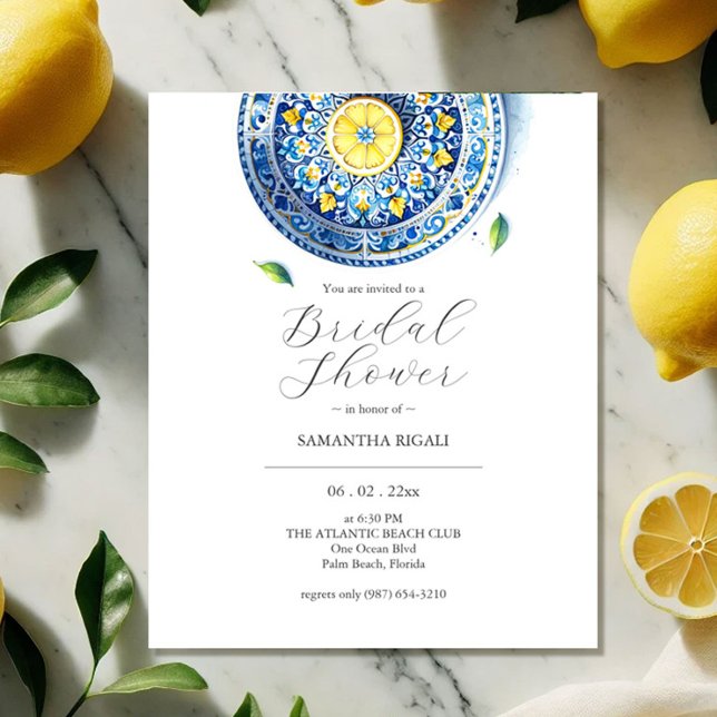 Flyer Convites de chá de panela de Citrus acessíveis (Budget bridal shower invitations watercolor yellow lemons green leaves blue tile plate)
